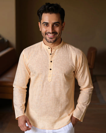 Men's Solid Cotton Regular Fit Short Kurta with Mandarin Collar and Full Sleeves