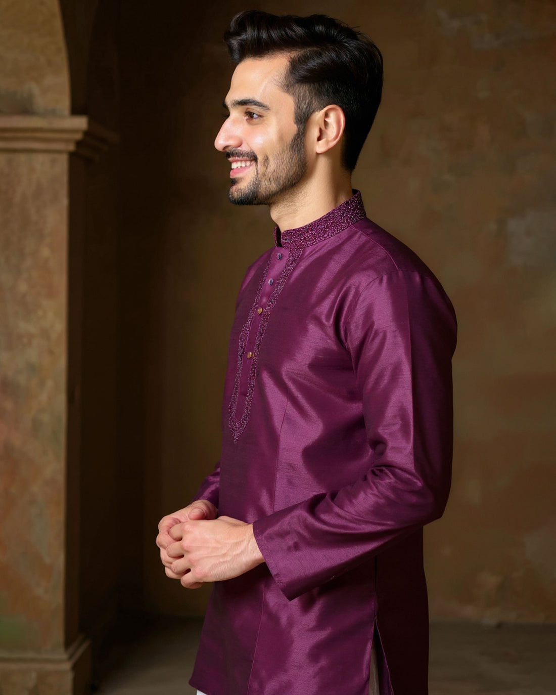 Men's Silk Blend Mandarin Collar Straight Kurta with Thread Work -  Dark Purple