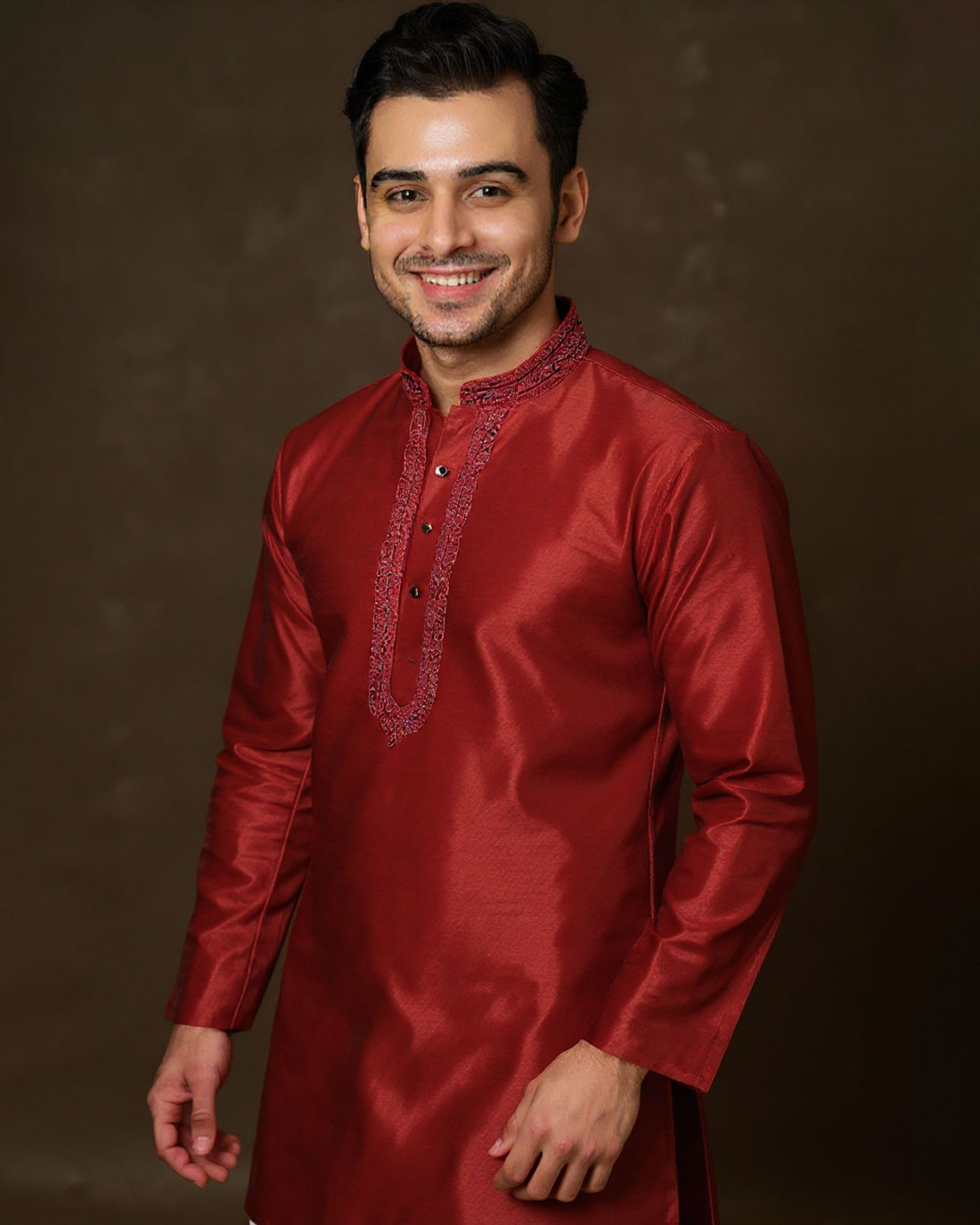 Men's Silk Blend Mandarin Collar Straight Kurta with Thread Work -  Maroon