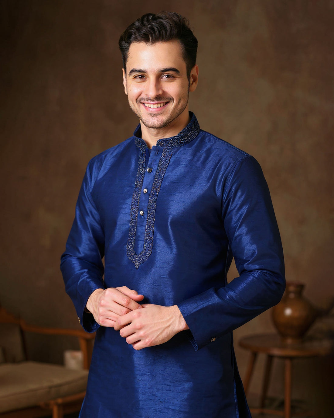 Men's Silk Blend Mandarin Collar Straight Kurta with Thread Work - Navy Blue