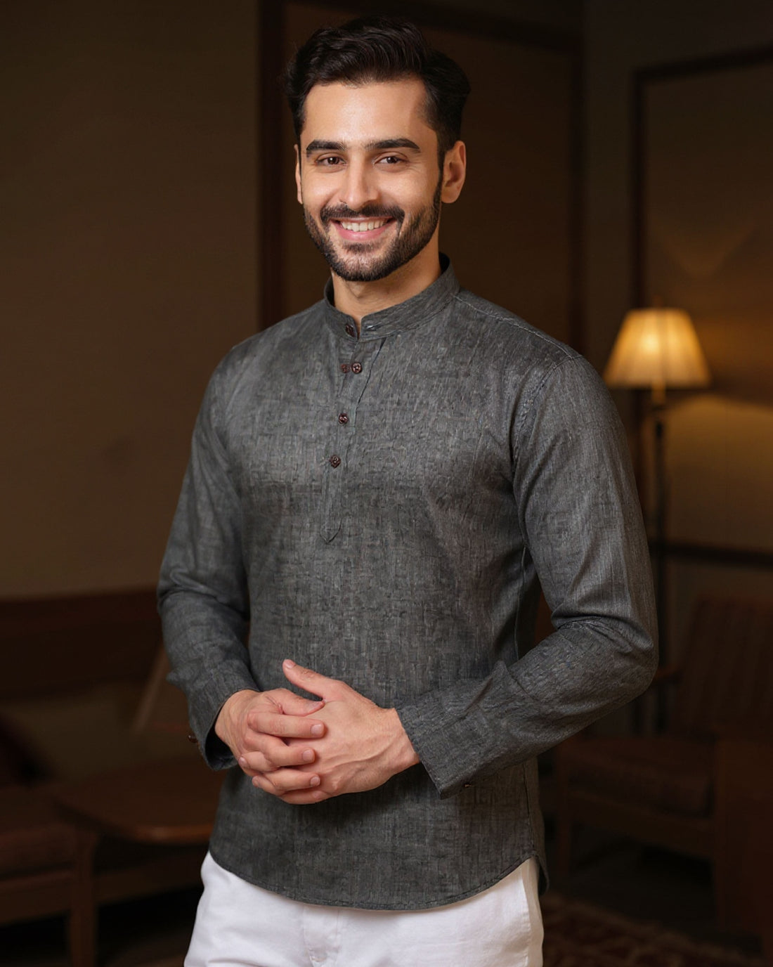 Men's Solid Cotton Regular Fit Short Kurta with Mandarin Collar and Full Sleeves - Dark Grey
