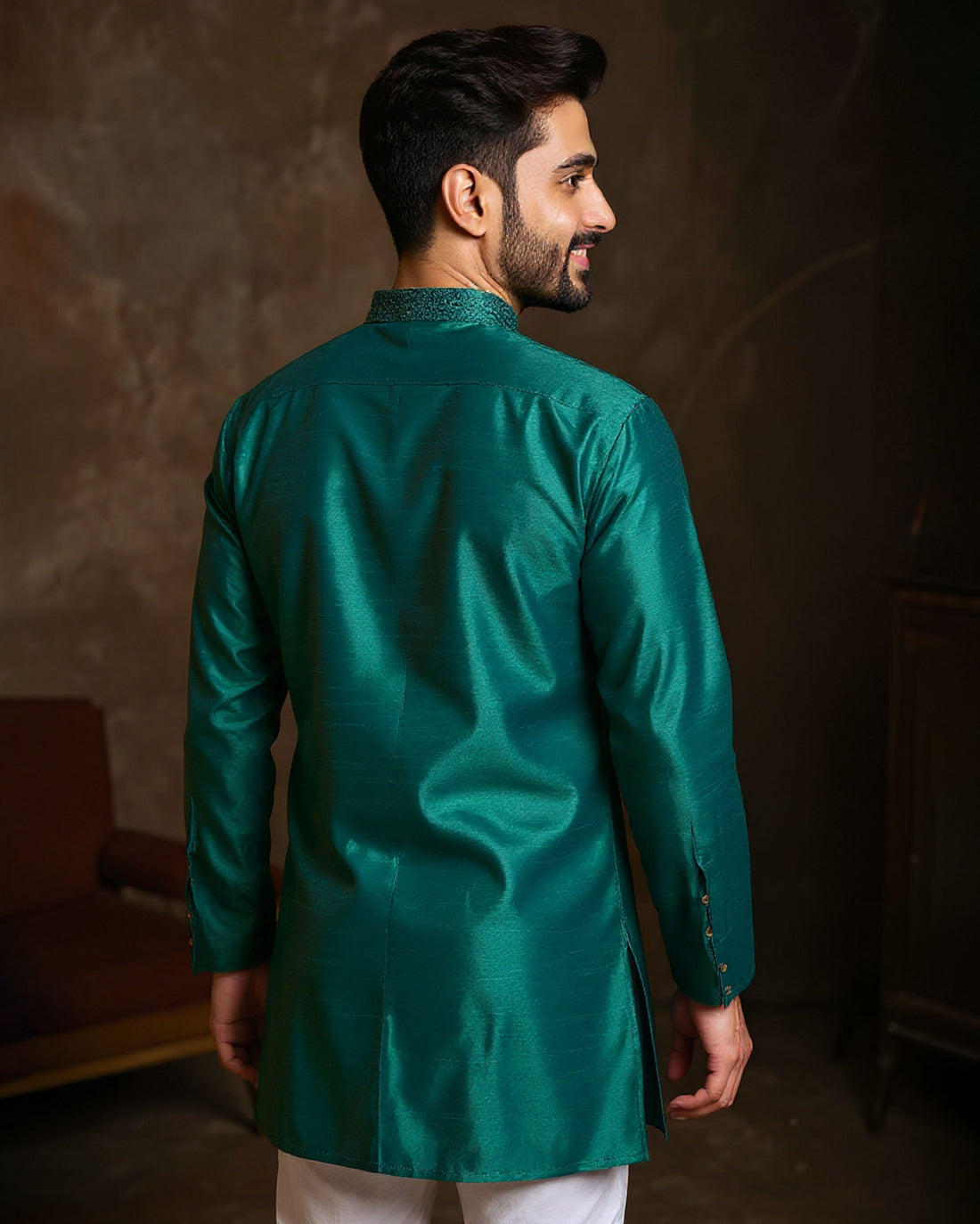 Men's Silk Blend Mandarin Collar Straight Kurta with Thread Work - Bottle Green