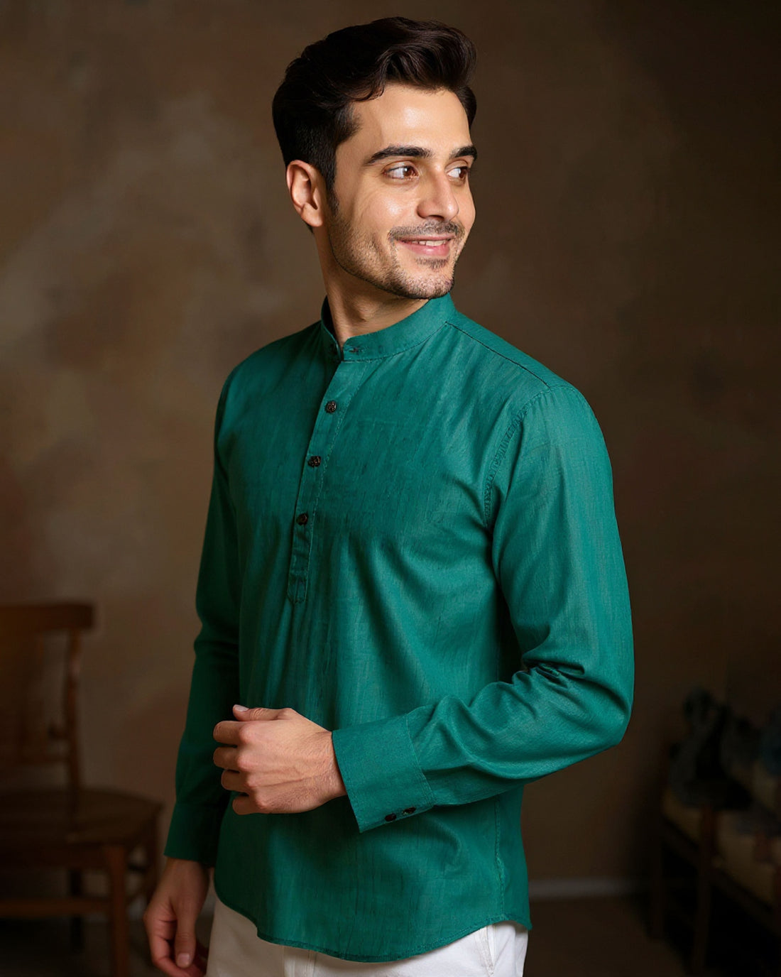 Men's Solid Cotton Regular Fit Short Kurta with Mandarin Collar and Full Sleeves - Teal