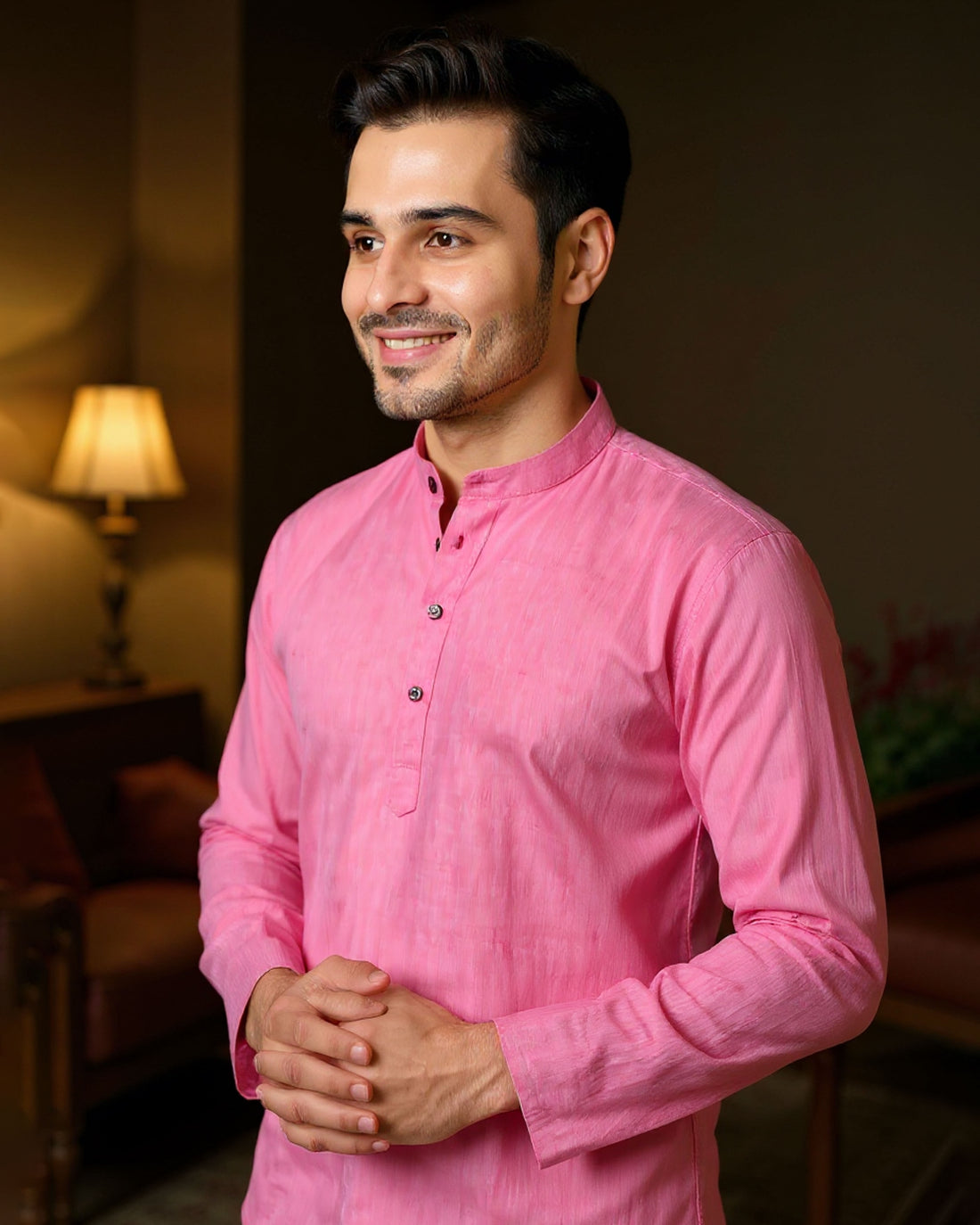 Men's Solid Cotton Regular Fit Short Kurta with Mandarin Collar and Full Sleeves  - Rose Pink