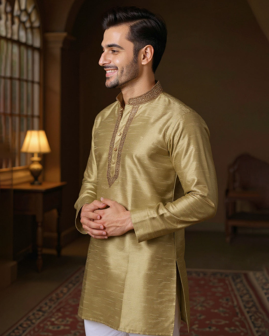 Men's Silk Blend Mandarin Collar Straight Kurta with Thread Work -  Beige