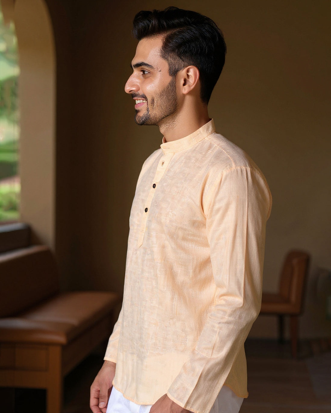Men's Solid Cotton Regular Fit Short Kurta with Mandarin Collar and Full Sleeves  -  Sandal