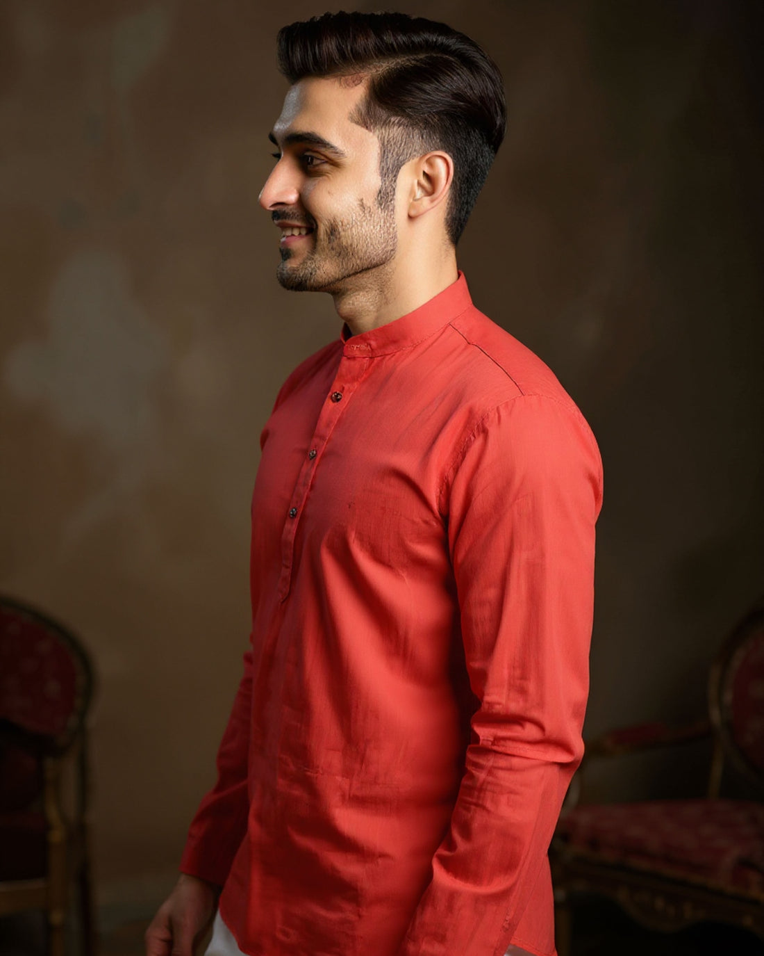 Men's Solid Cotton Regular Fit Short Kurta with Mandarin Collar and Full Sleeves - Peach