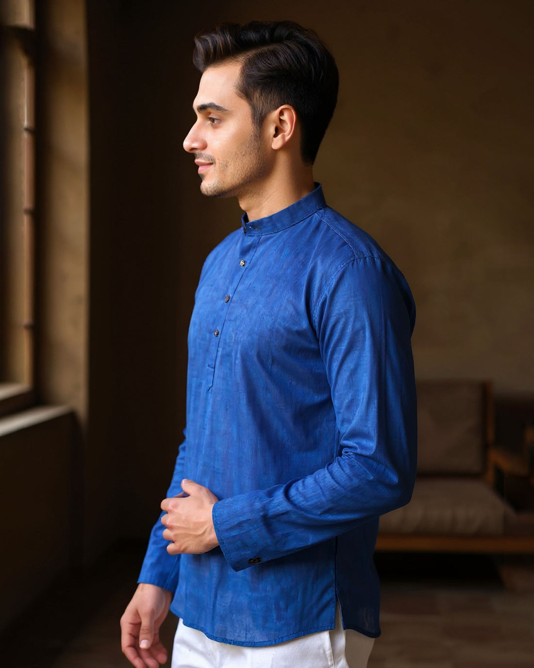 Men's Solid Cotton Regular Fit Short Kurta with Mandarin Collar and Full Sleeves - Blue