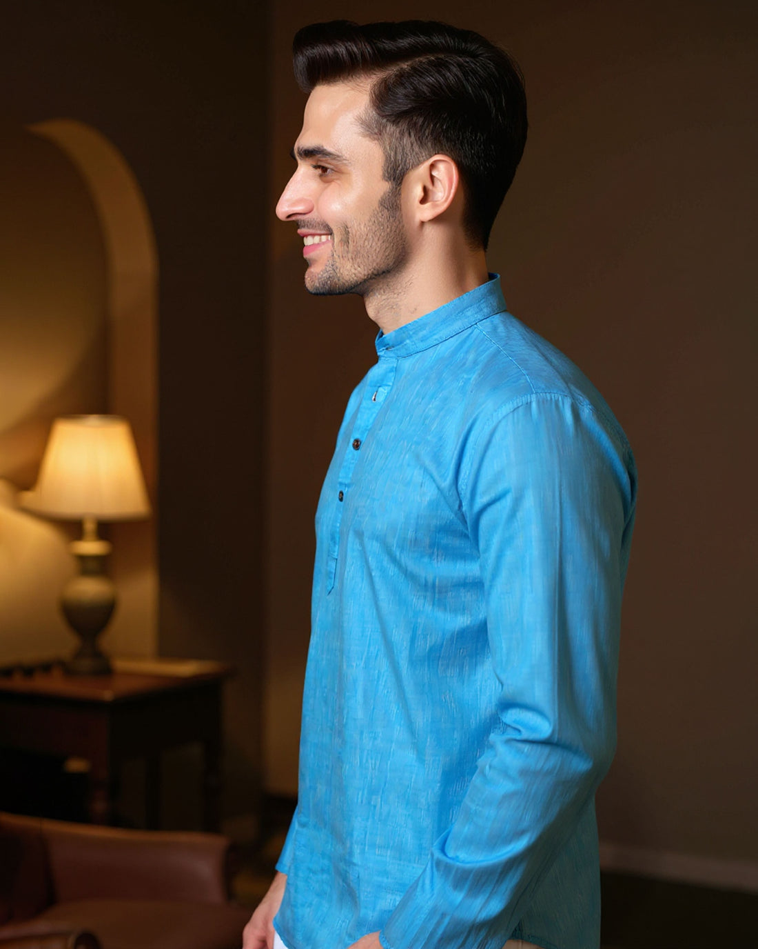 Men's Solid Cotton Regular Fit Short Kurta with Mandarin Collar and Full Sleeves - Sky Blue