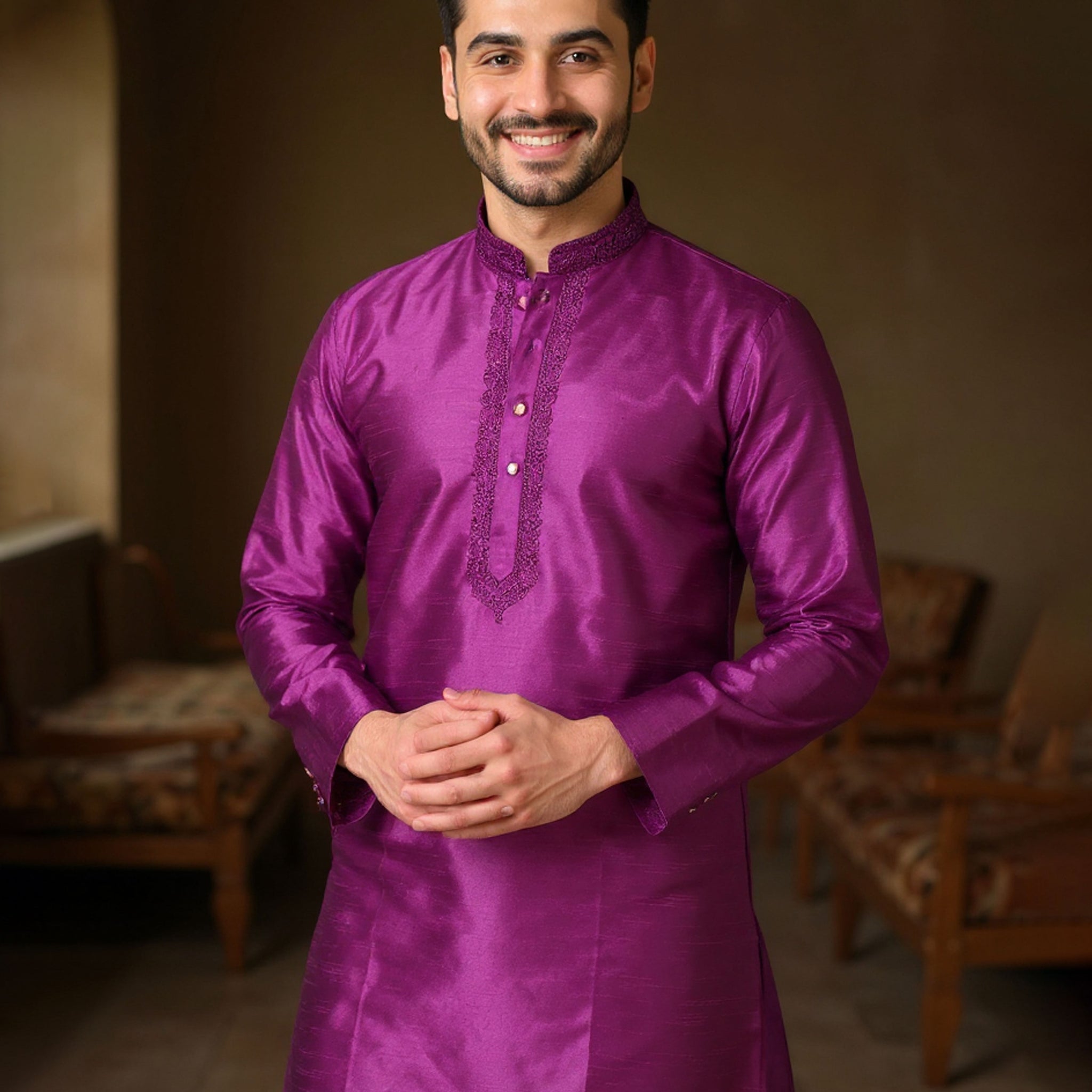 Men's Silk Blend Mandarin Collar Straight Kurta with Thread Work -  Purple