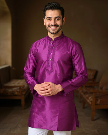 Men's Silk Blend Mandarin Collar Straight Kurta with Thread Work -  Purple