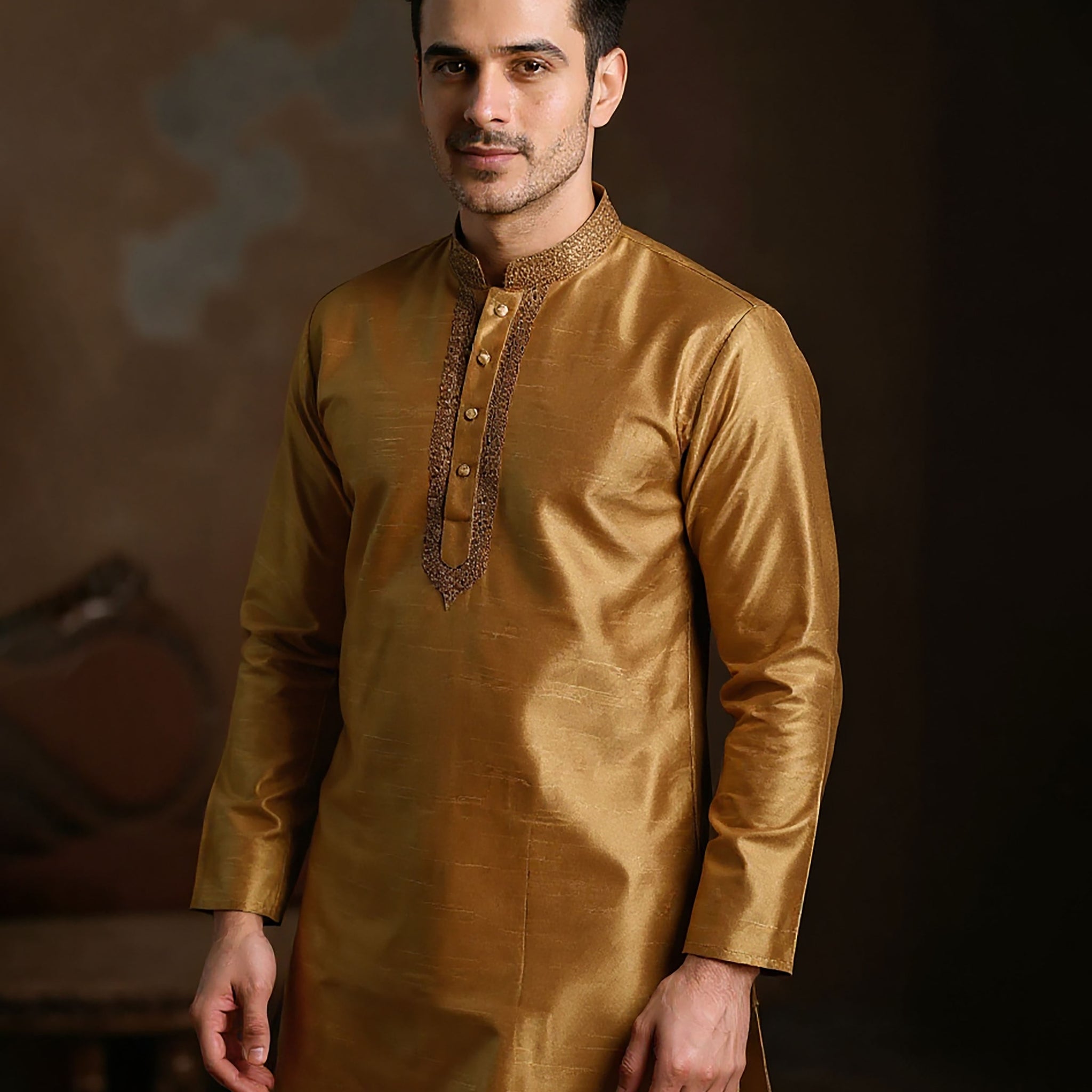 Men's Silk Blend Mandarin Collar Straight Kurta with Thread Work -  Sandal