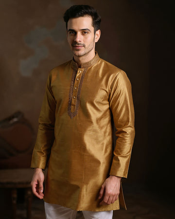 Men's Silk Blend Mandarin Collar Straight Kurta with Thread Work -  Sandal