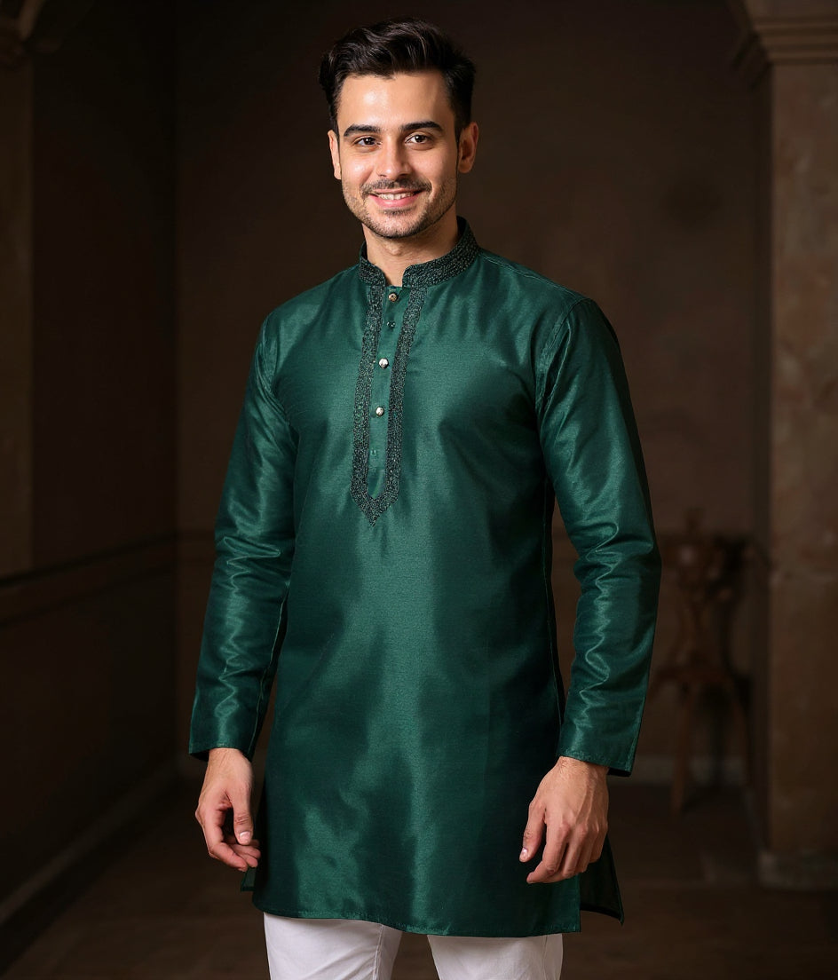 Men's Silk Blend Mandarin Collar Straight Kurta with Thread Work  - Teal