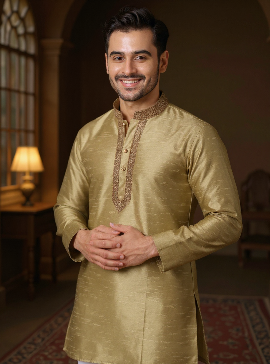 Men's Silk Blend Mandarin Collar Straight Kurta with Thread Work -  Beige