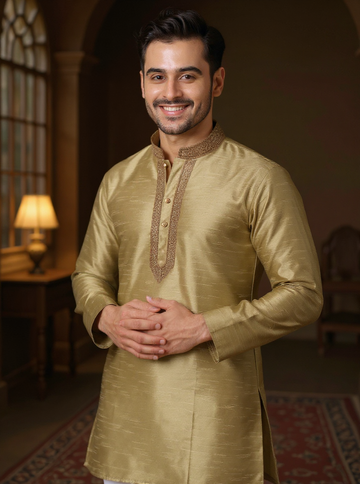 Men's Silk Blend Mandarin Collar Straight Kurta with Thread Work -  Beige