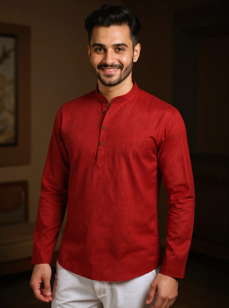 Men's Solid Cotton Regular Fit Short Kurta with Mandarin Collar and Full Sleeves  - Maroon