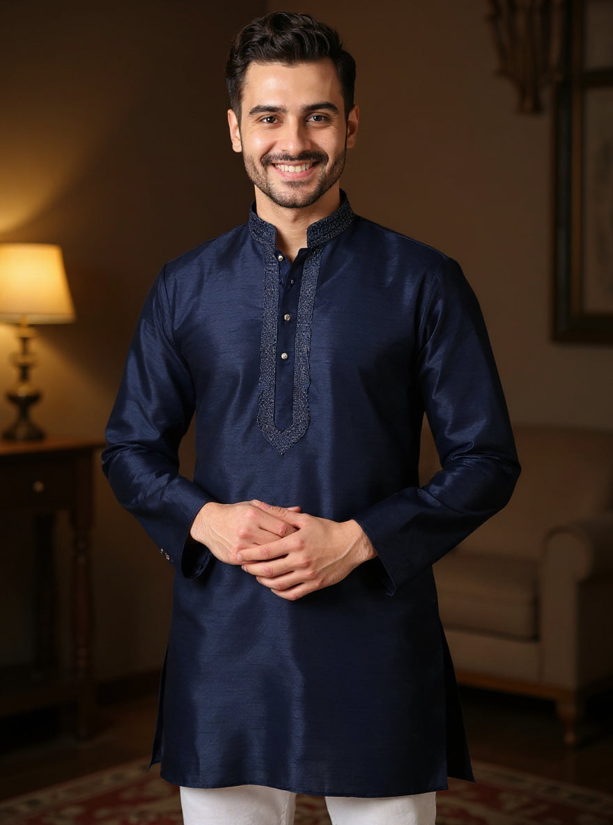 Men's Silk Blend Mandarin Collar Straight Kurta with Thread Work - Navy Blue