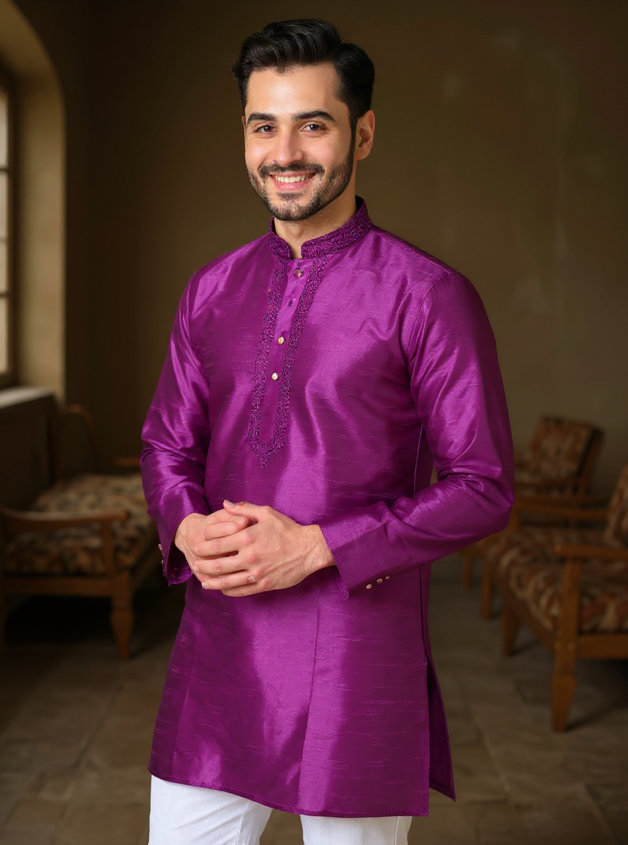 Men's Silk Blend Mandarin Collar Straight Kurta with Thread Work -  Purple