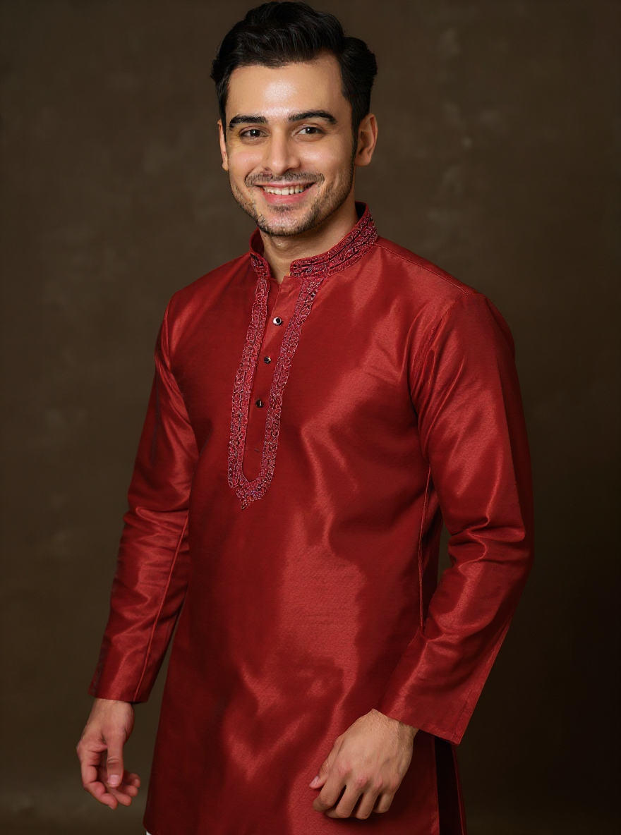 Men's Silk Blend Mandarin Collar Straight Kurta with Thread Work -  Maroon