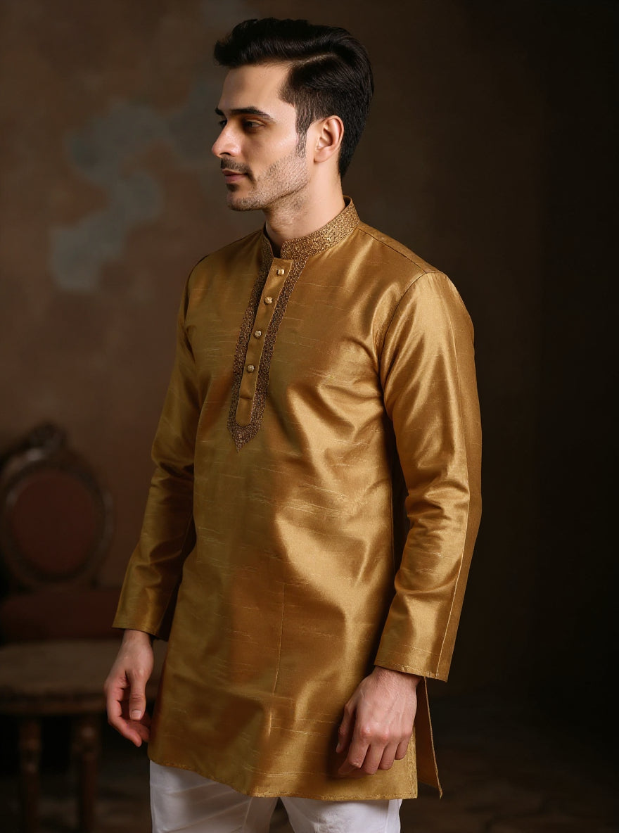 Men's Silk Blend Mandarin Collar Straight Kurta with Thread Work -  Sandal