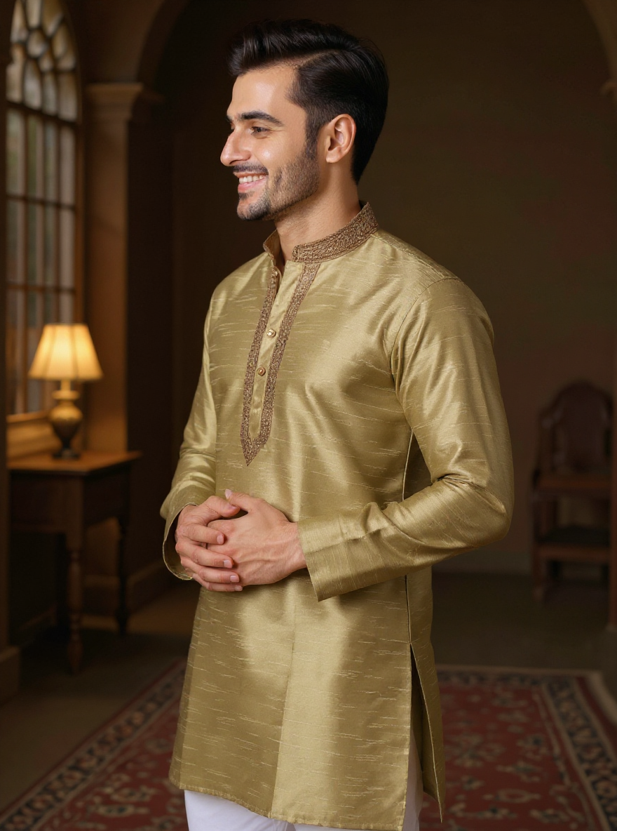 Men's Silk Blend Mandarin Collar Straight Kurta with Thread Work -  Beige
