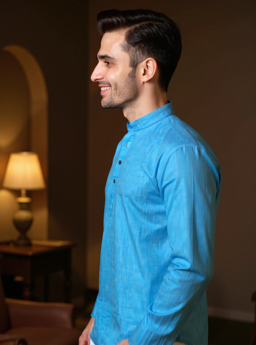 Men's Solid Cotton Regular Fit Short Kurta with Mandarin Collar and Full Sleeves - Sky Blue