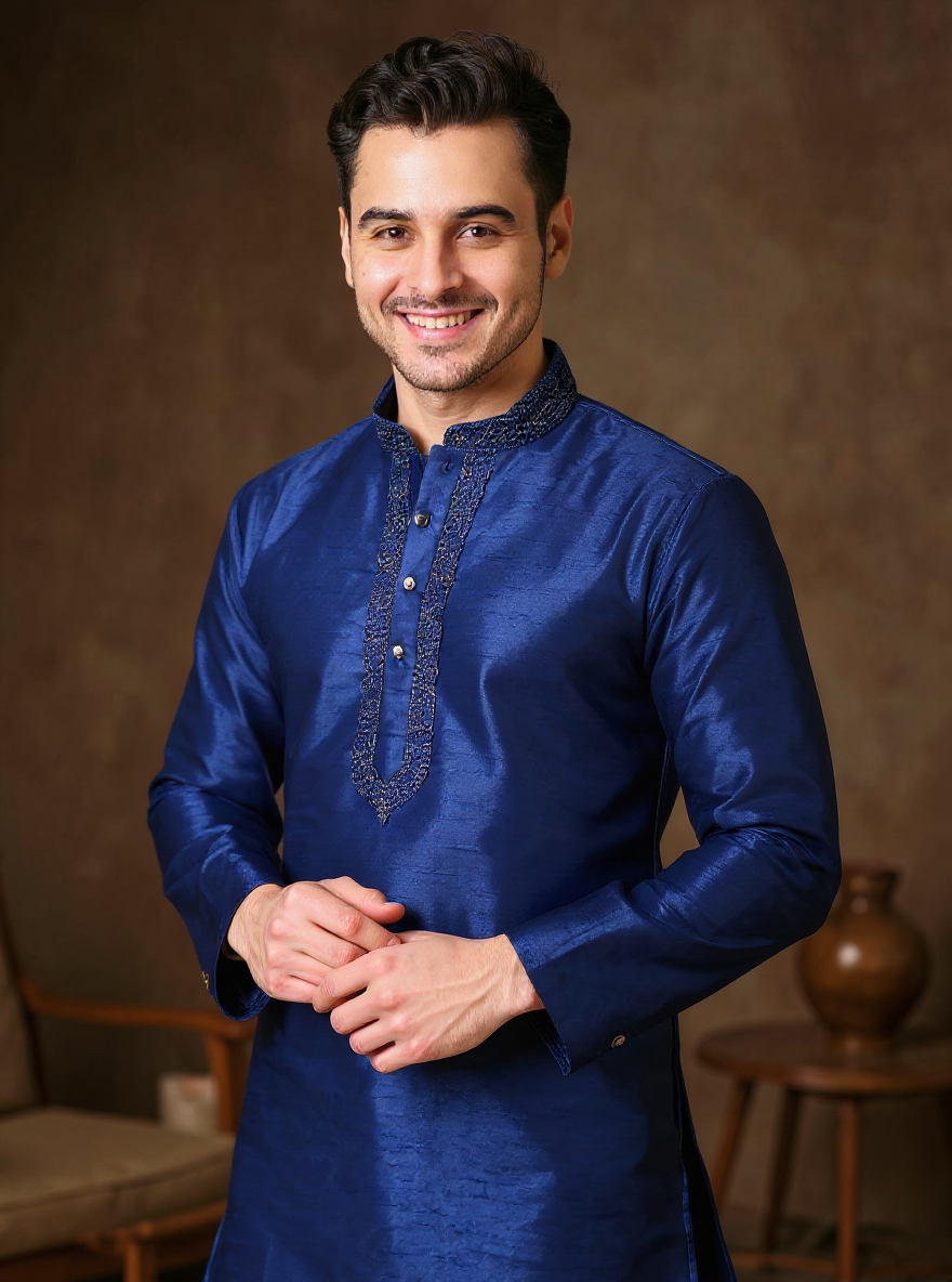 Men's Silk Blend Mandarin Collar Straight Kurta with Thread Work -  Royal Blue