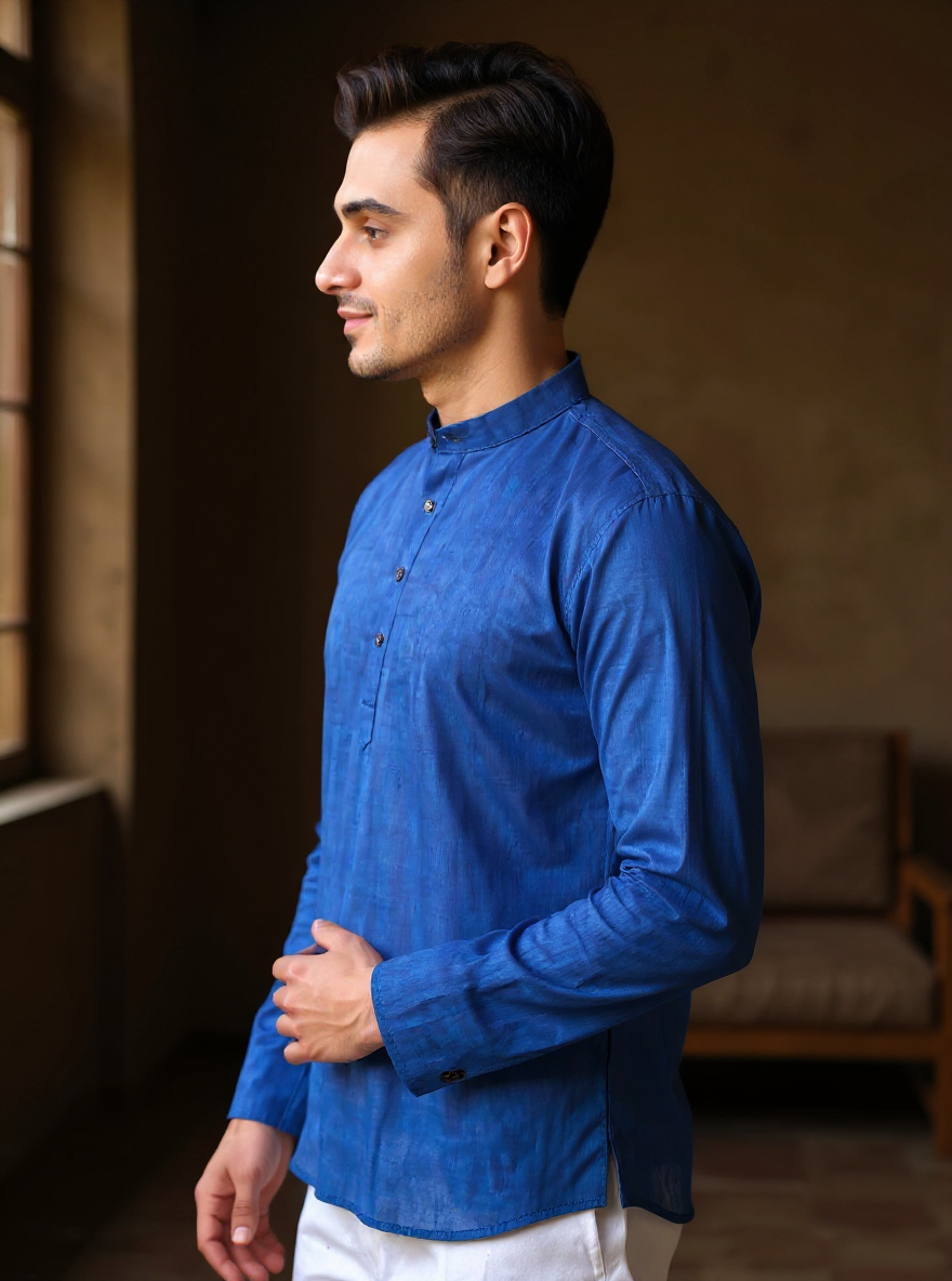Men's Solid Cotton Regular Fit Short Kurta with Mandarin Collar and Full Sleeves - Blue
