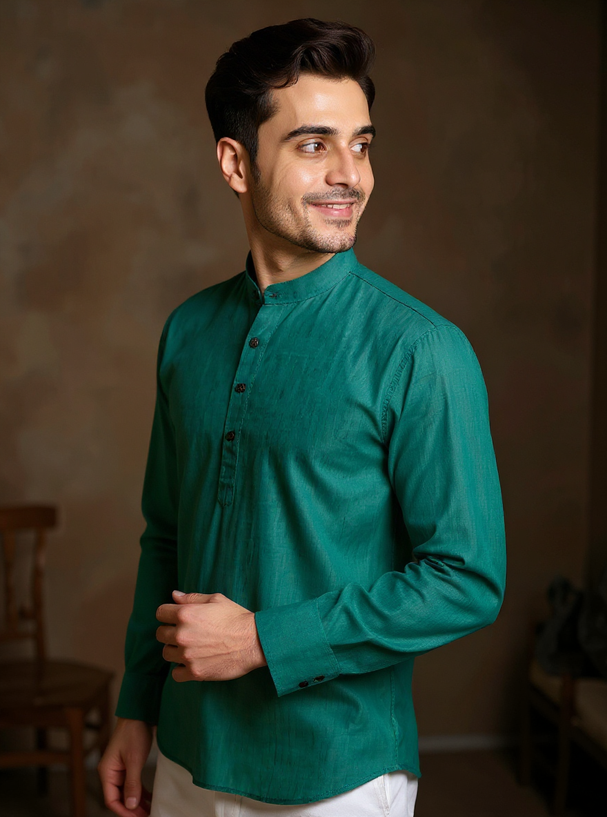 Men's Solid Cotton Regular Fit Short Kurta with Mandarin Collar and Full Sleeves - Teal