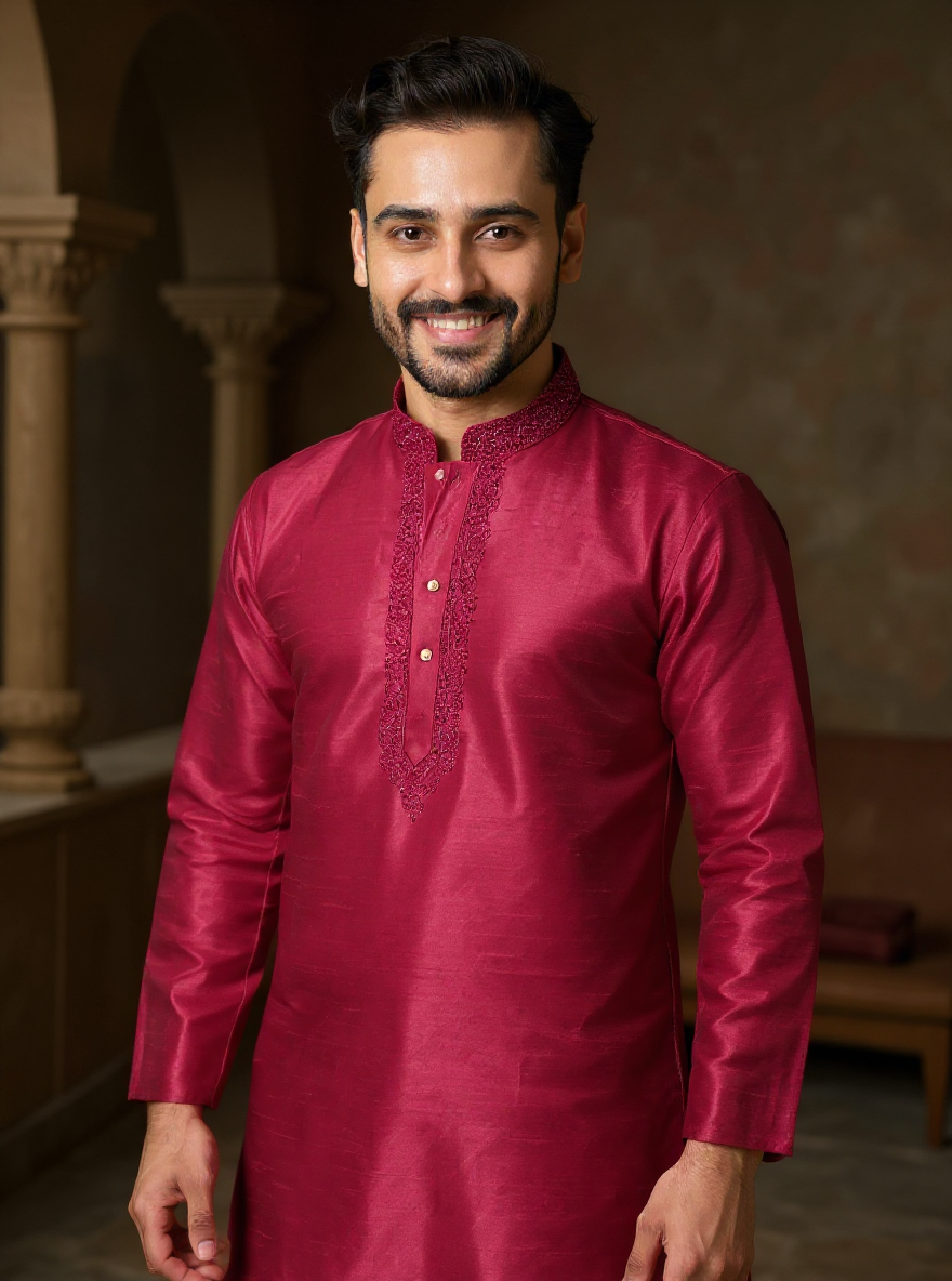 Men's Silk Blend Mandarin Collar Straight Kurta with Thread Work- Magenta