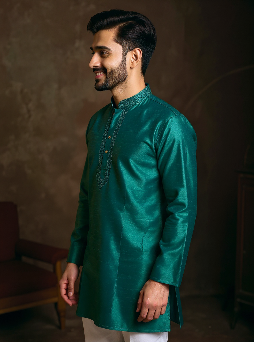 Men's Silk Blend Mandarin Collar Straight Kurta with Thread Work - Bottle Green