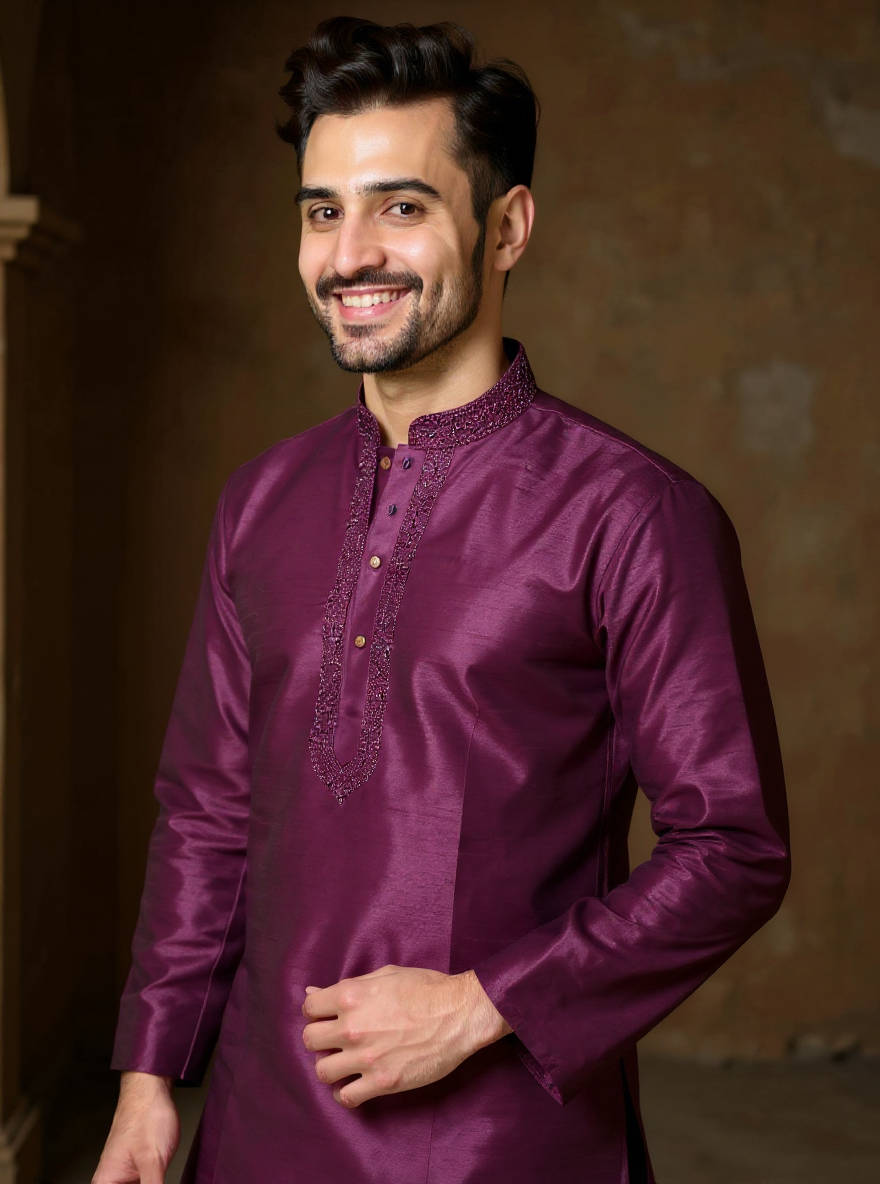 Men's Silk Blend Mandarin Collar Straight Kurta with Thread Work -  Dark Purple