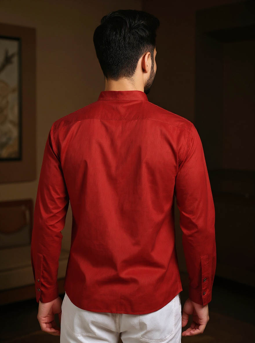 Men's Solid Cotton Regular Fit Short Kurta with Mandarin Collar and Full Sleeves  - Maroon