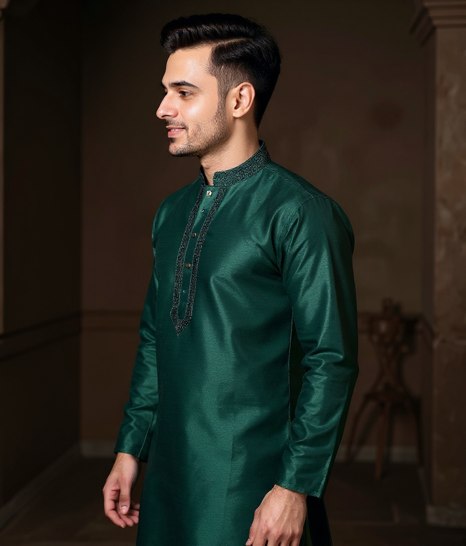 Men's Silk Blend Mandarin Collar Straight Kurta with Thread Work  - Teal