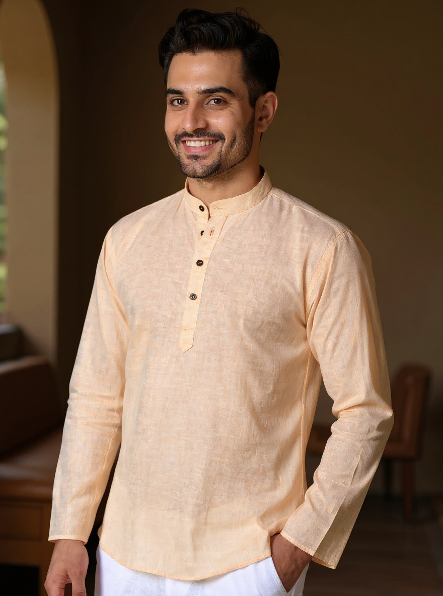 Men's Solid Cotton Regular Fit Short Kurta with Mandarin Collar and Full Sleeves  -  Sandal