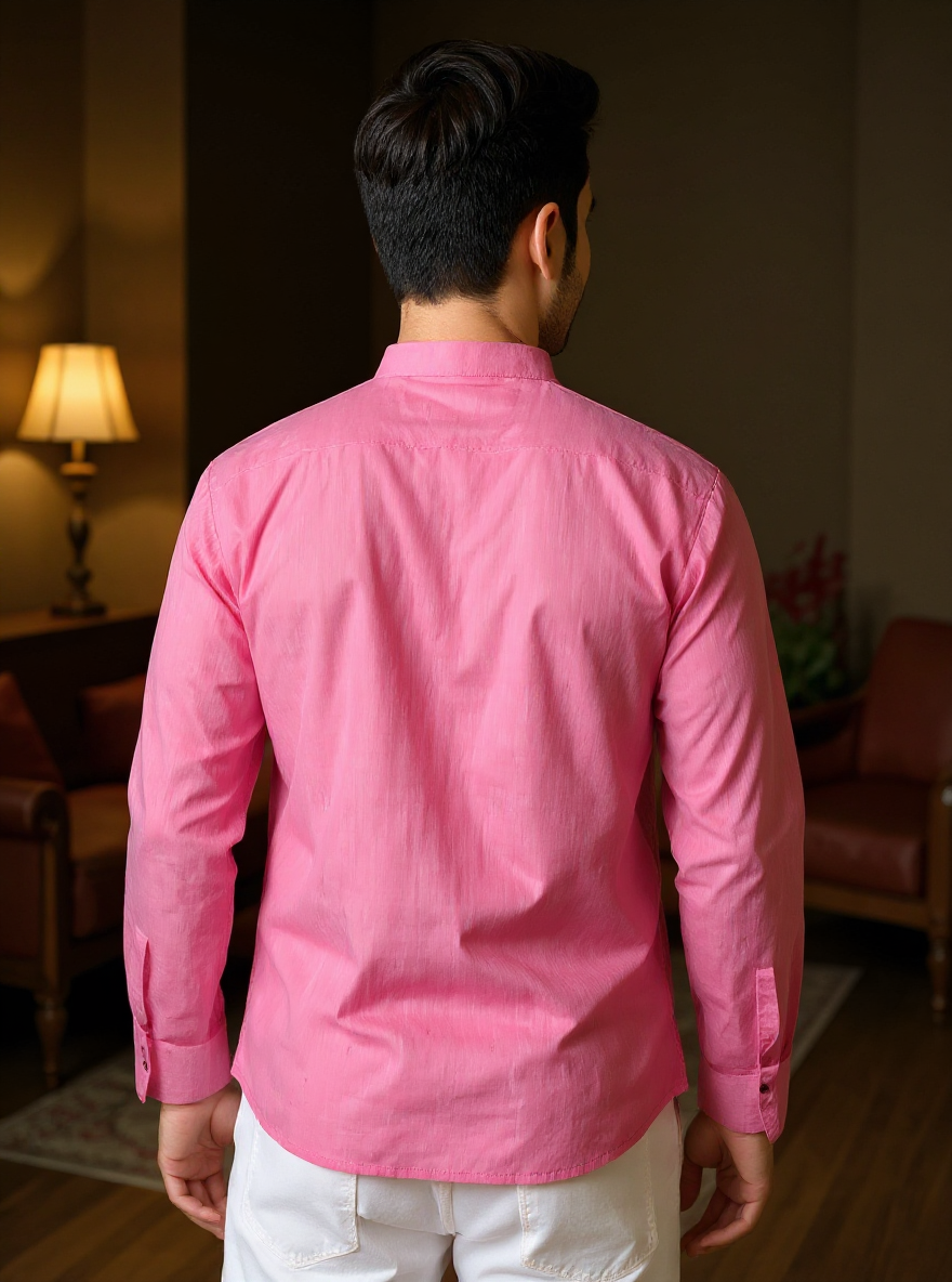 Men's Solid Cotton Regular Fit Short Kurta with Mandarin Collar and Full Sleeves  - Rose Pink