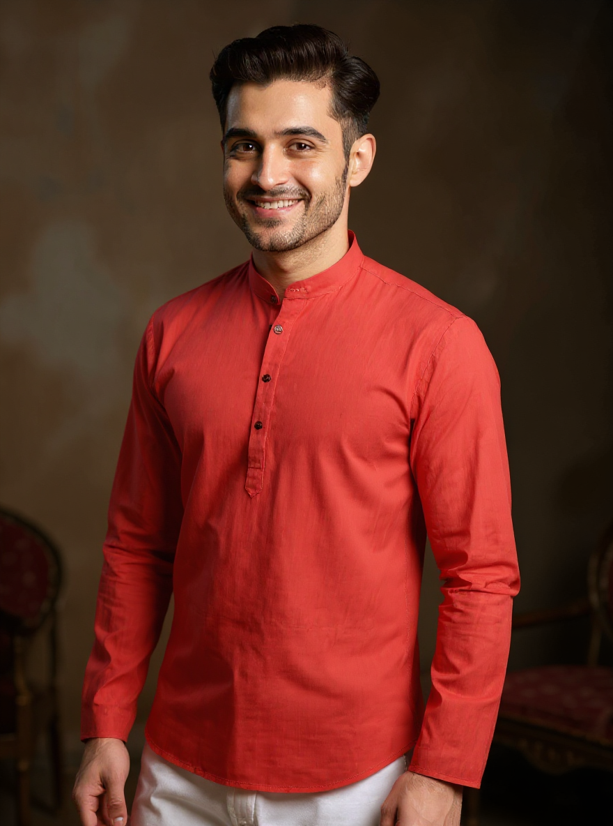 Men's Solid Cotton Regular Fit Short Kurta with Mandarin Collar and Full Sleeves - Peach