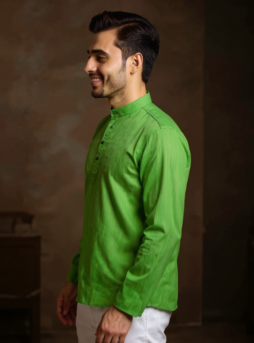 Men's Solid Cotton Regular Fit Short Kurta with Mandarin Collar and Full Sleeves  - Green