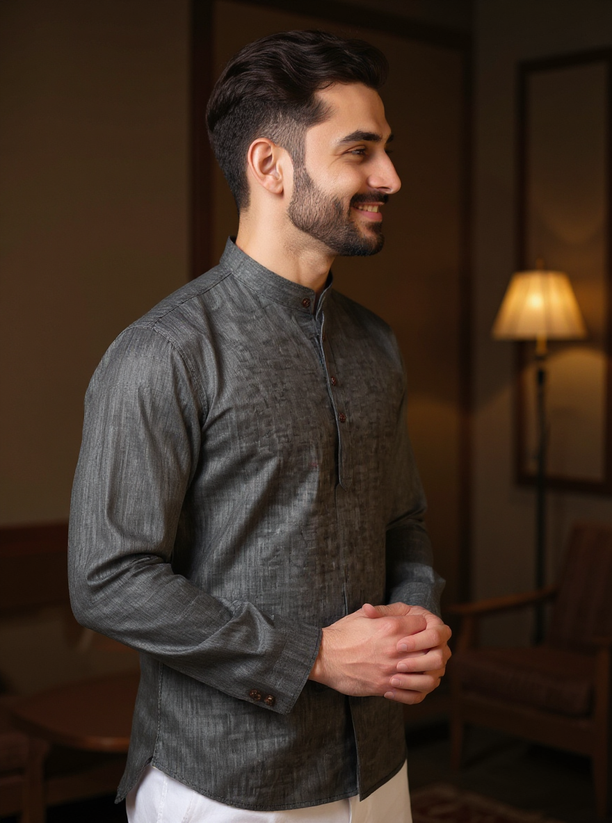 Men's Solid Cotton Regular Fit Short Kurta with Mandarin Collar and Full Sleeves - Dark Grey