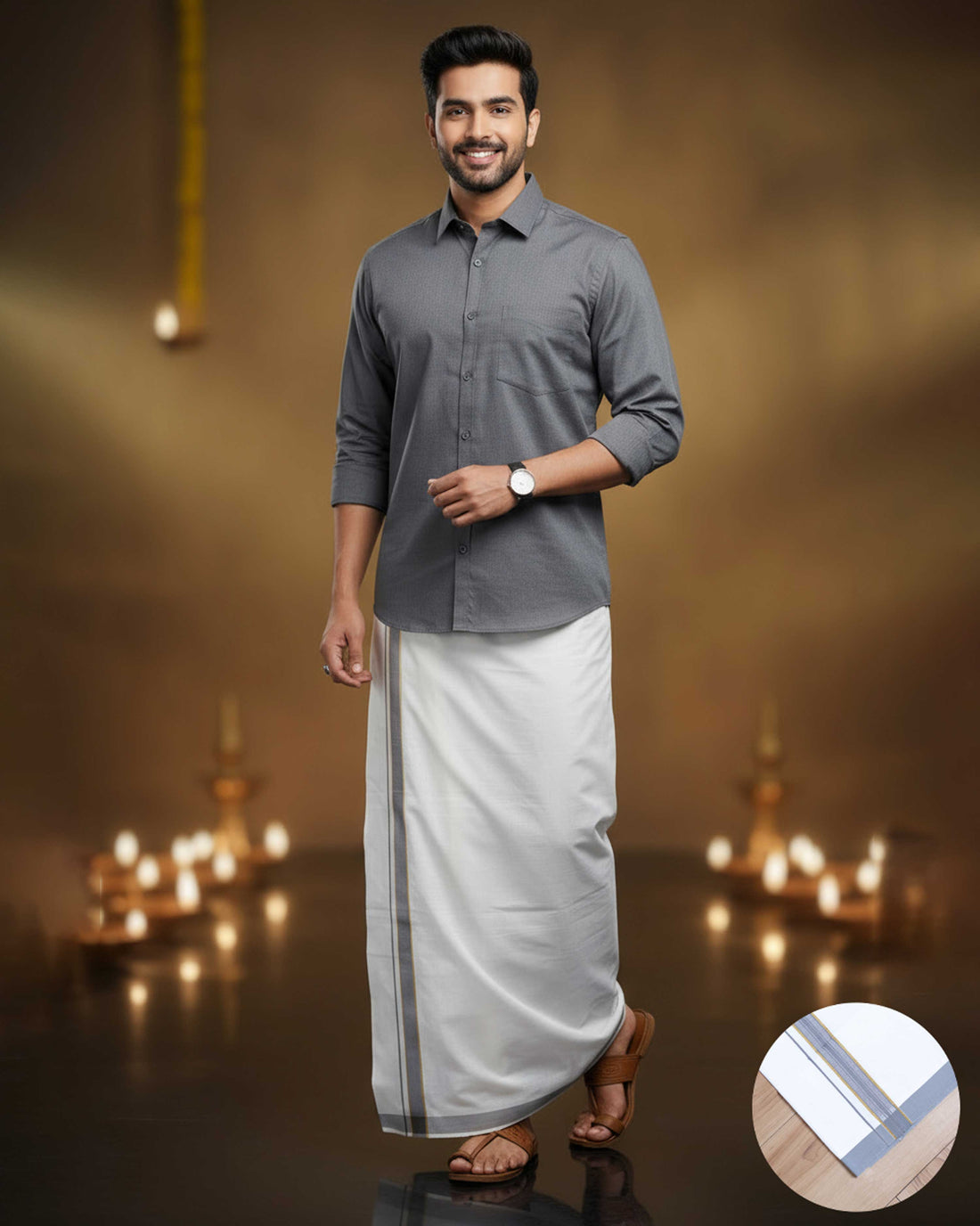 Elegant Men's Ethnic Full Sleeve Shirt & Dhoti Set with Traditional Border - Grey