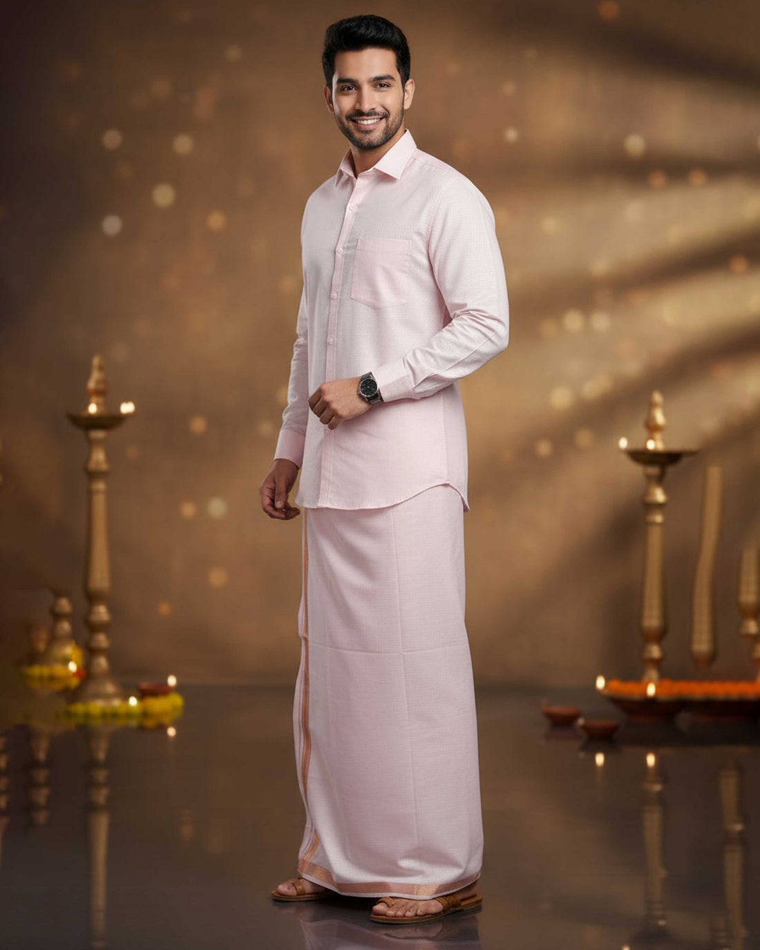 Elegant Men's Ethnic Full Sleeve Shirt & Dhoti Set with Traditional Border - Light Pink