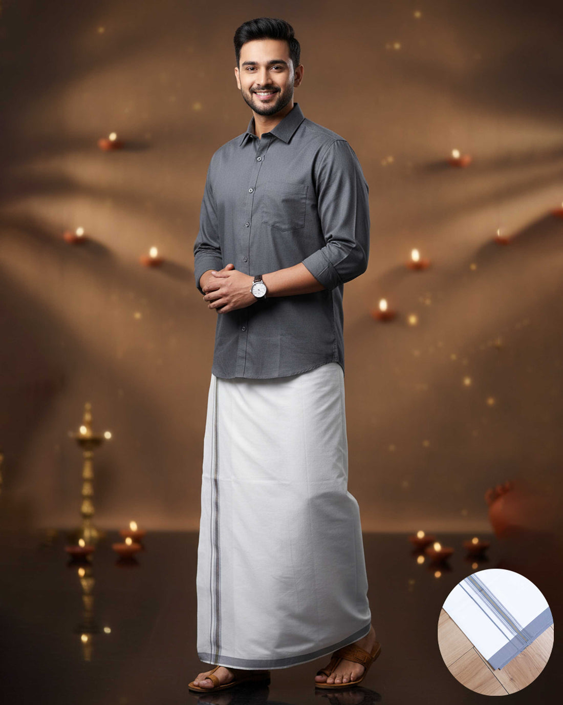 Elegant Men's Ethnic Full Sleeve Shirt & Dhoti Set with Traditional Border - Grey
