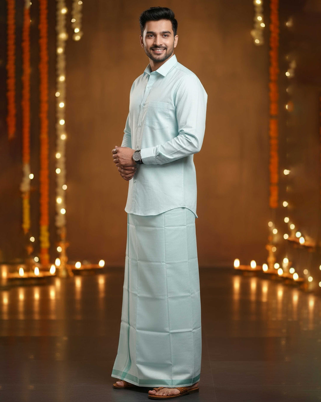 Elegant Men's Ethnic Full Sleeve Shirt & Dhoti Set with Traditional Border - Light Green