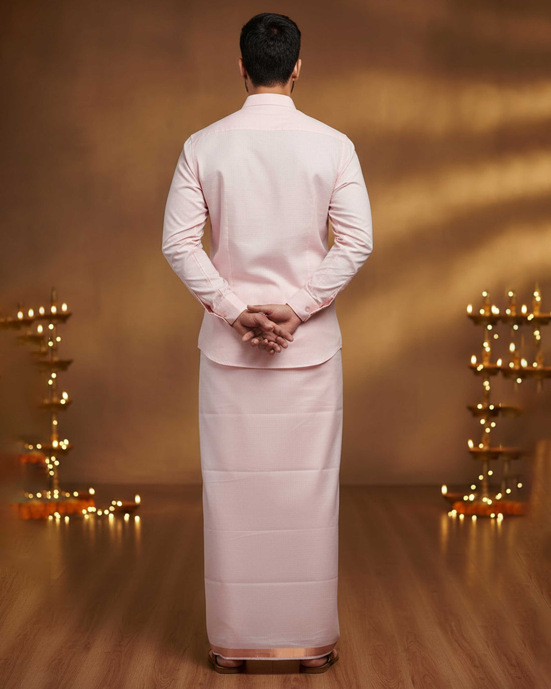 Elegant Men's Ethnic Full Sleeve Shirt & Dhoti Set with Traditional Border - Light Pink