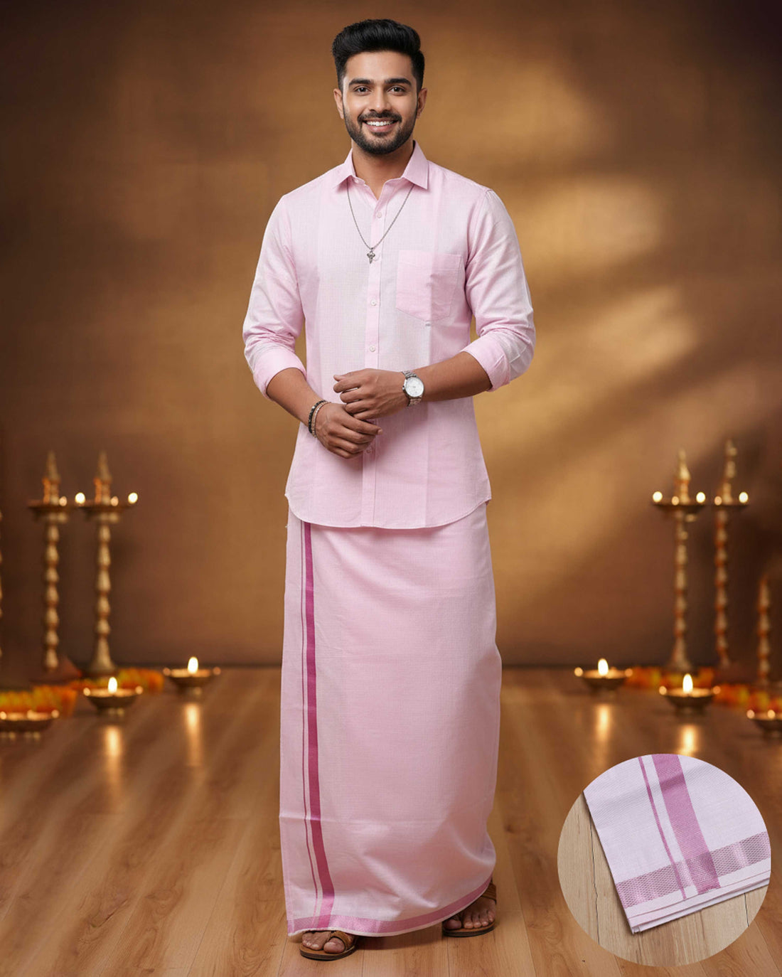 Elegant Men's Ethnic Full Sleeve Shirt & Dhoti Set with Traditional Border - Rose Pink