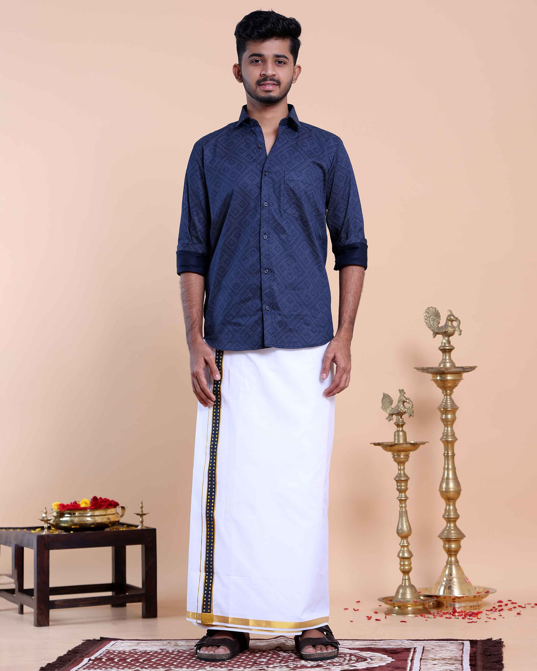 Elegant Men's Ethnic Full Sleeve Shirt & Dhoti Set with Zari Border - Blue