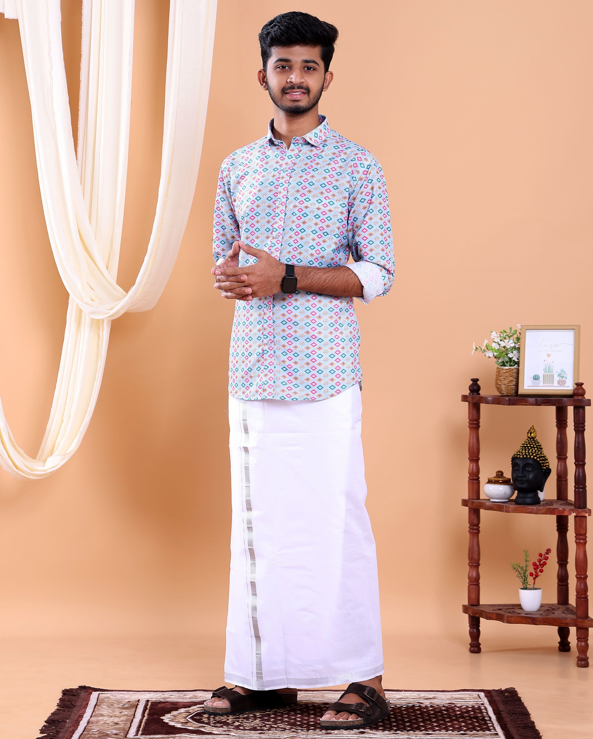 Men's Full Sleeve Shirt and Traditional Dhoti Set with Designer Border - Light Blue