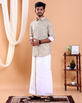 Men's Full Sleeve Shirt and Traditional Dhoti Set with Designer Border - Off White