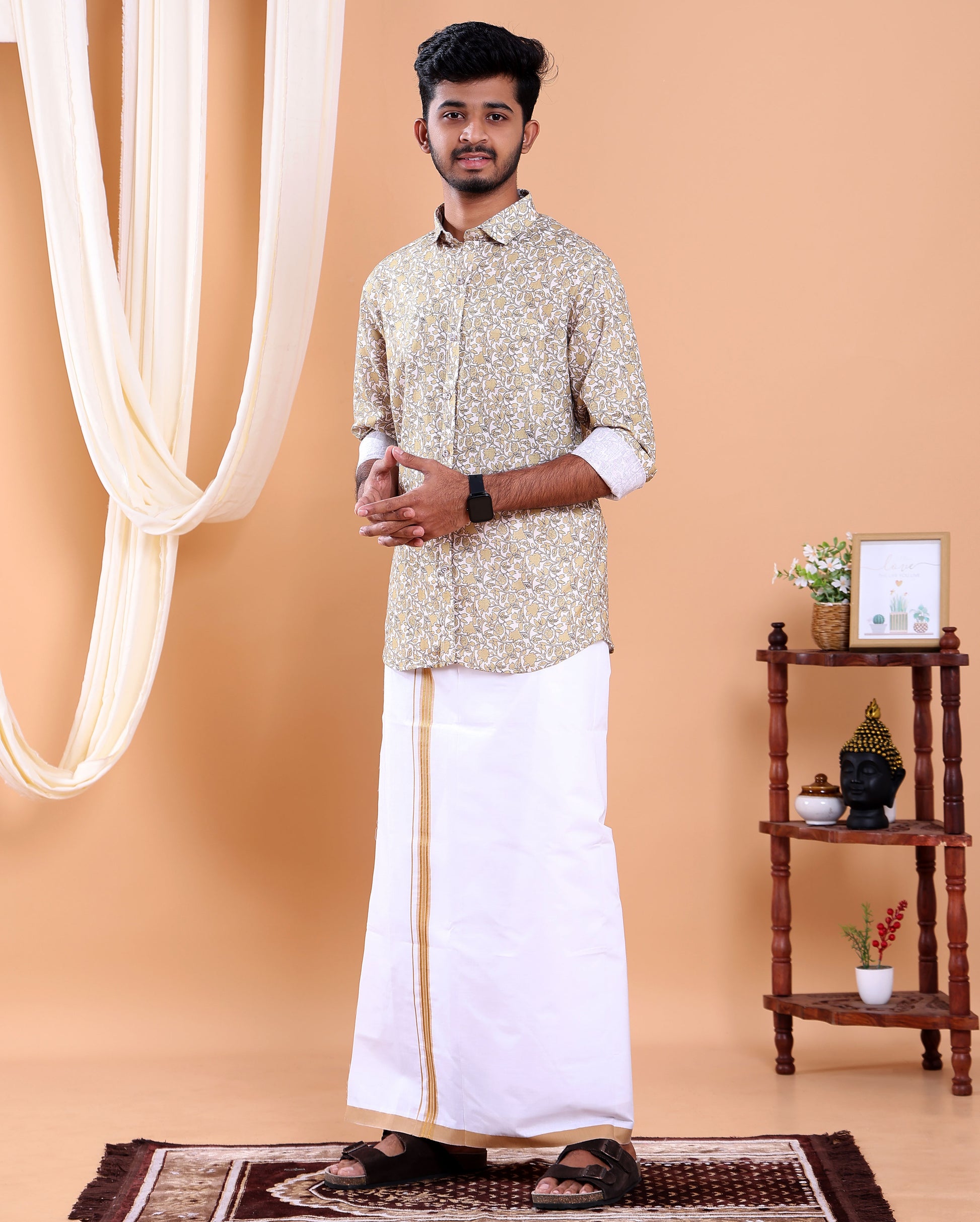 Men's Full Sleeve Shirt and Traditional Dhoti Set with Designer Border - Off White